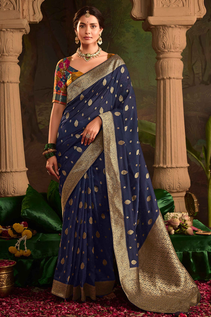 Ravishing Navy-Blue Zari Weaving Silk Reception Wear Saree With Blouse