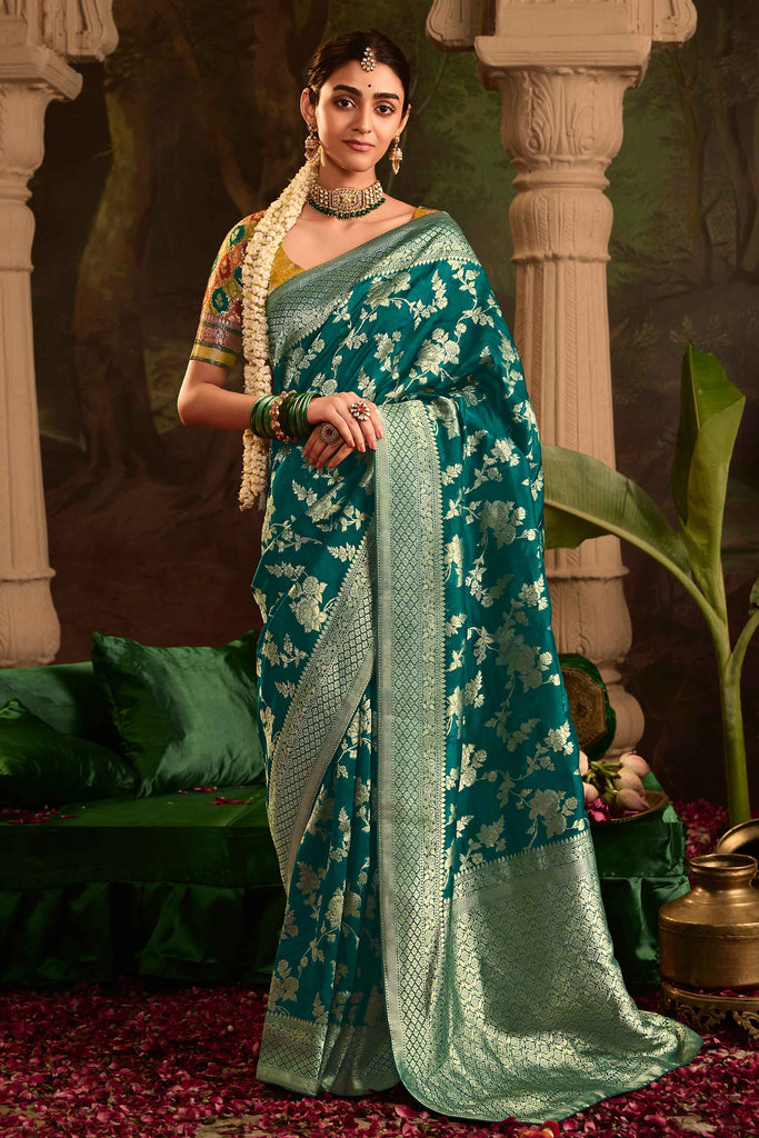 Fabulous Teal Green Zari Weaving Silk Wedding Wear Saree With Blouse