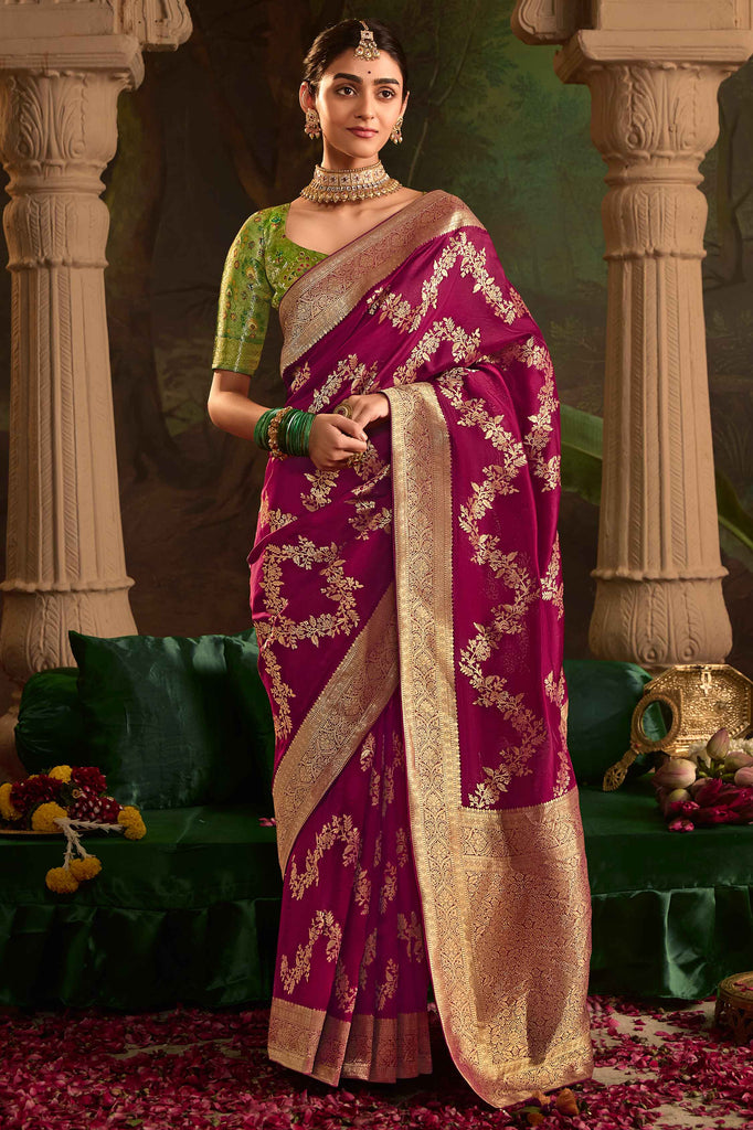 Awesome Magenta Zari Weaving Silk Function Wear Saree With Blouse