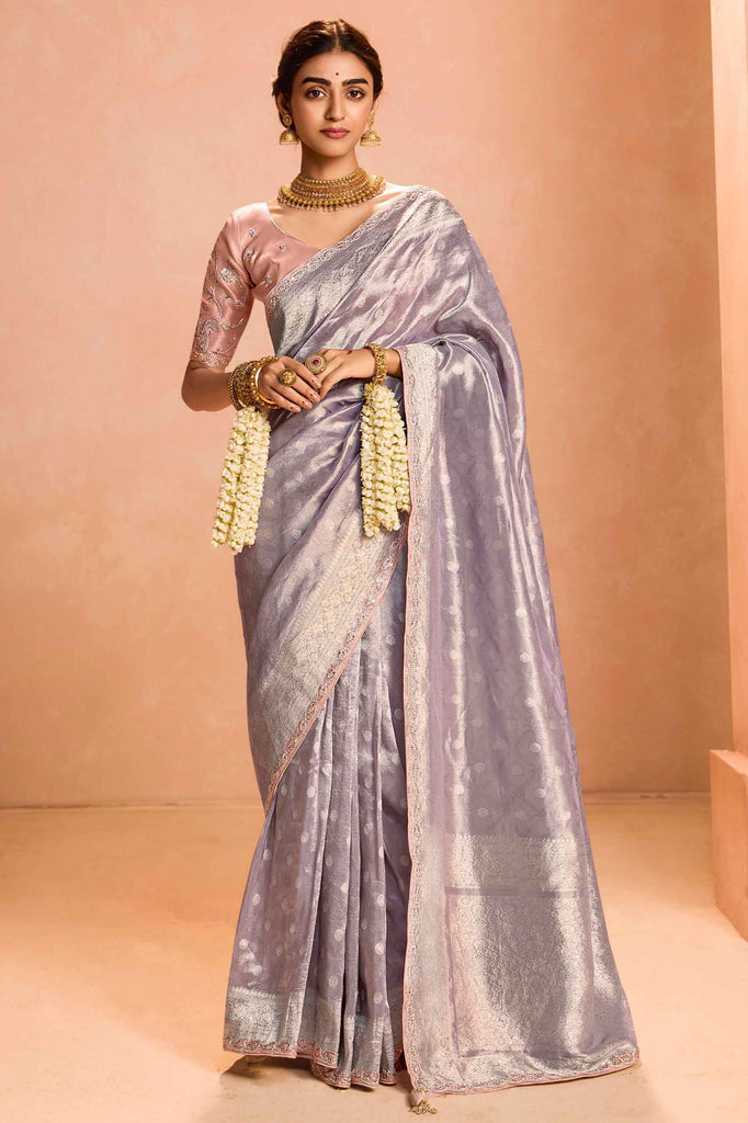 Winning Mauve Zari Weaving Silk Reception Wear Saree With Blouse