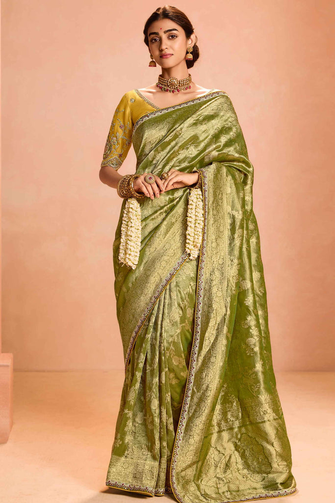 Fantastical Green Zari Weaving Silk Mehendi Wear Saree With Blouse