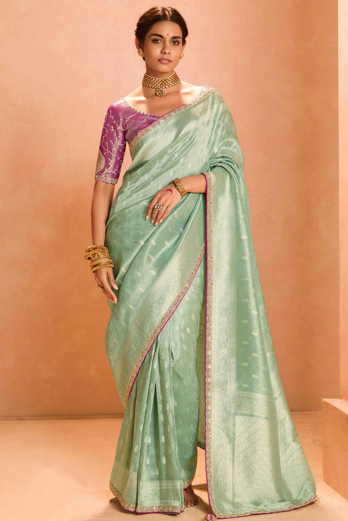 Lovely Sea Green Zari Weaving Silk Wedding Wear Saree With Blouse