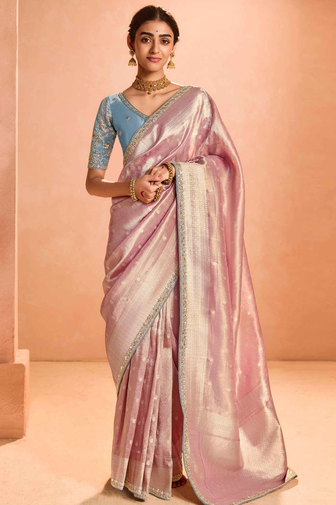 Delightful Pink Zari Weaving Silk Reception Wear Saree With Blouse