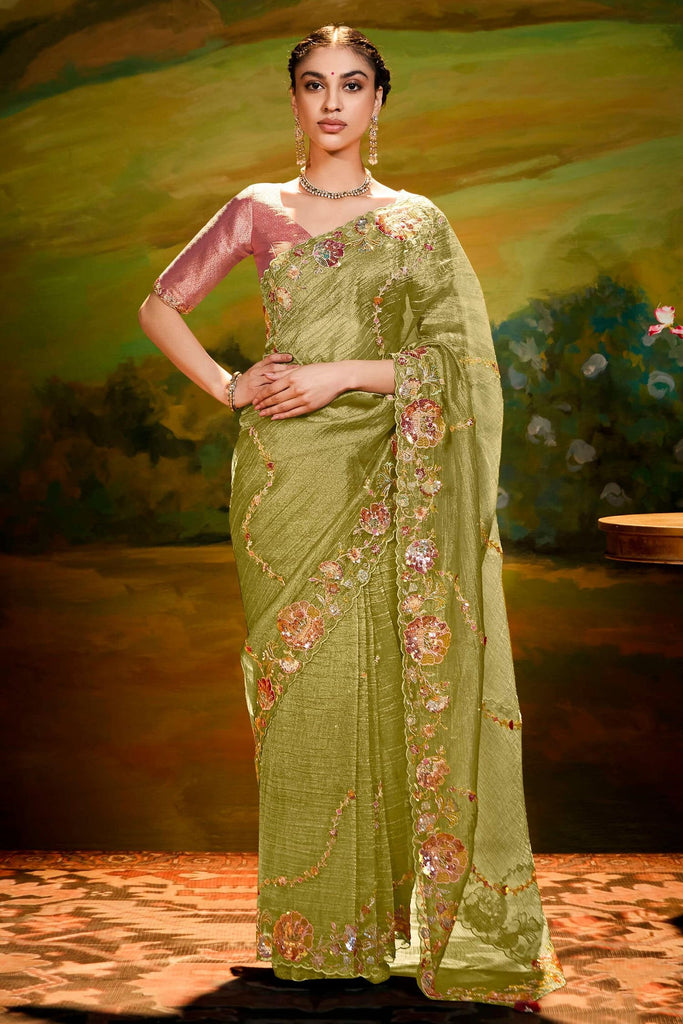 Wonderful Pista Green Heavy Border Work Organza Wedding Wear Saree