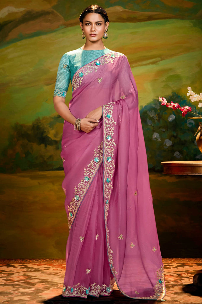 Magnetic Pink Sequins Work Organza Engagement Wear Saree With Blouse