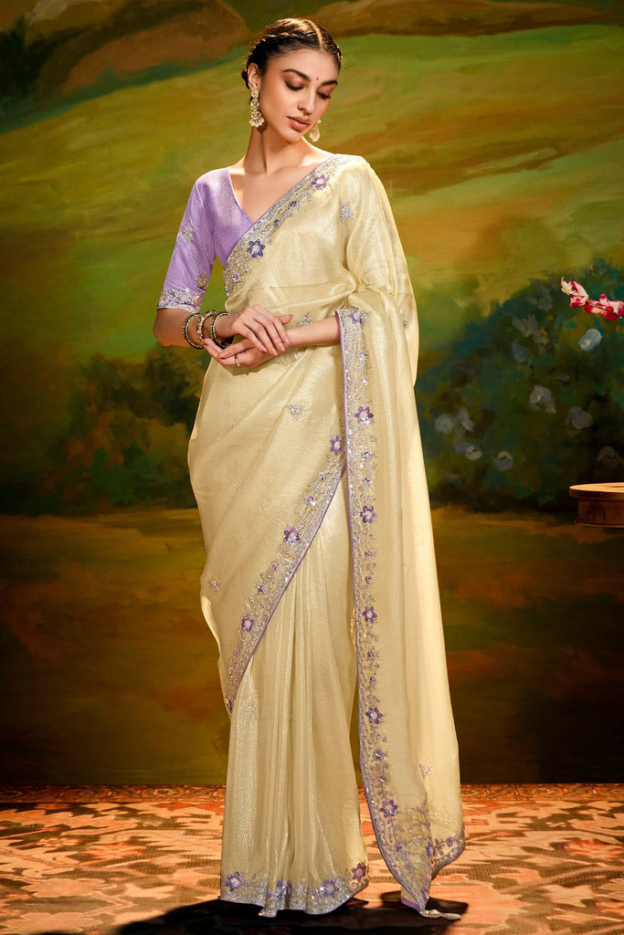 Attractive Beige Border Work Organza Reception Wear Saree With Blouse