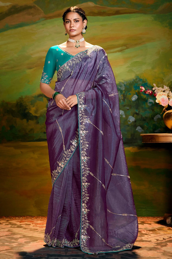 Pretty Purple Embroidered Border Organza Wedding Wear Saree