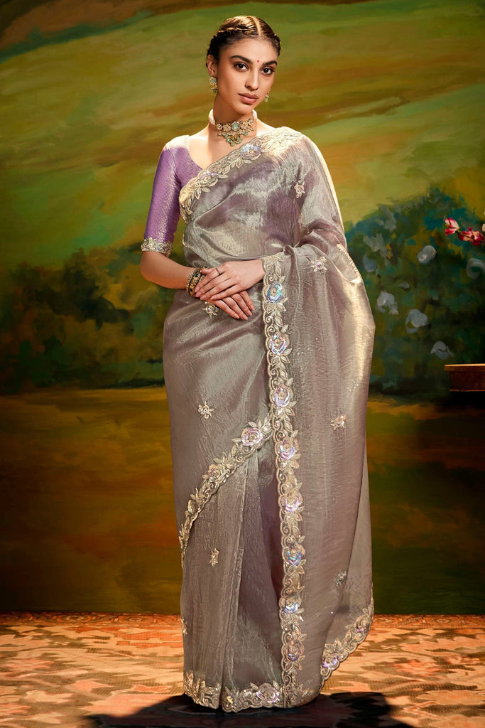 Precious Grey Sequins Work Organza Event Wear Saree With Blouse