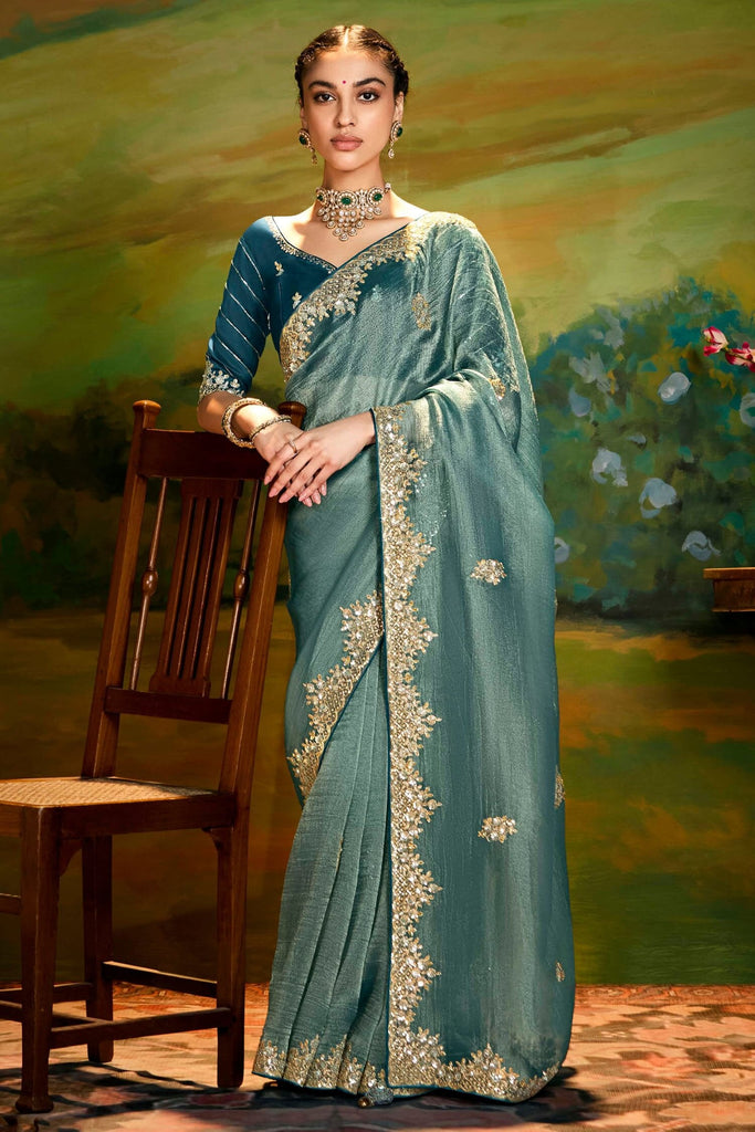 Fabulous Sea-Green Border Work Organza Wedding Wear Saree With Blouse
