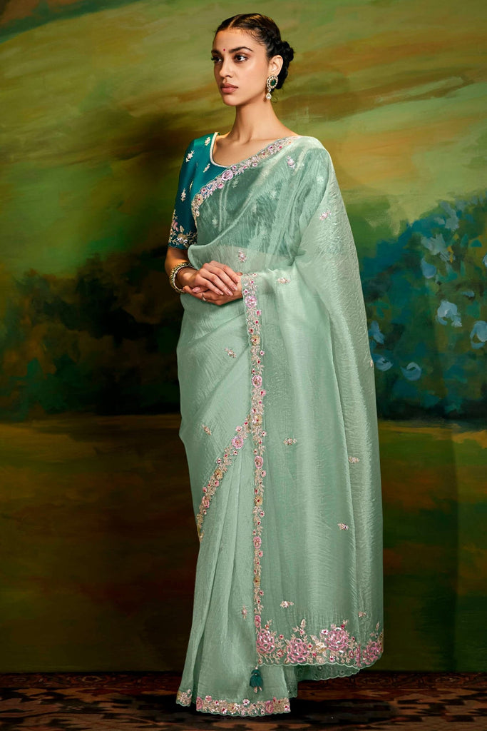 Astonishing Sea Green Border Work Organza Engagement Wear Saree