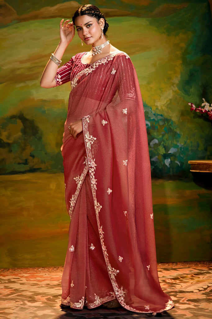 Breathtaking Red Border Work Organza Event Wear Saree With Blouse