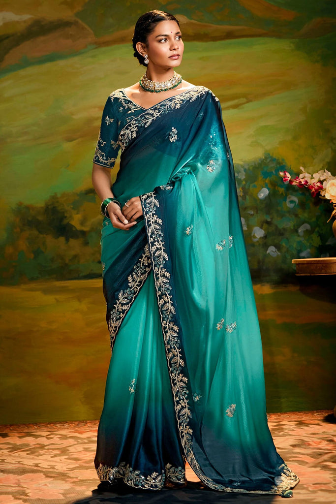 Fantastical Turquoise Blue Border Work Organza Event Wear Saree
