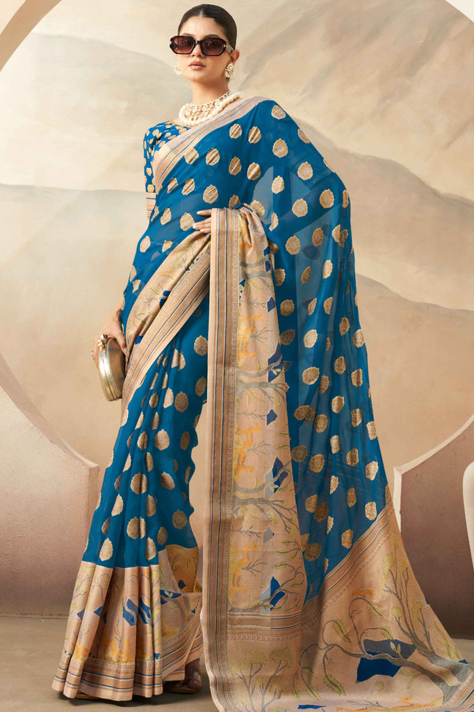 Precious Blue Paithani Border Georgette Event Wear Saree With Blouse