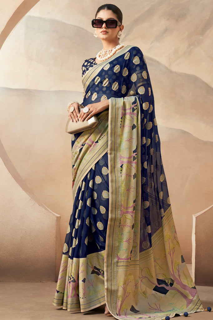 Awesome Navy Blue Paithani Border Georgette Traditional Saree