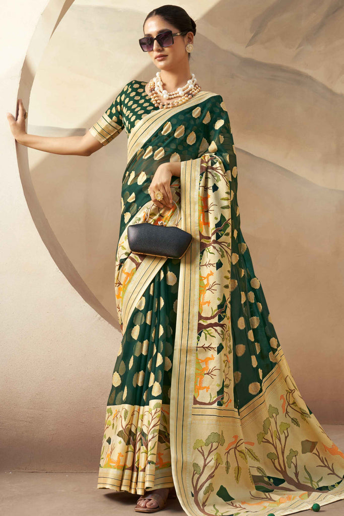 Incredible Green Paithani Border Georgette Mehendi Wear Saree