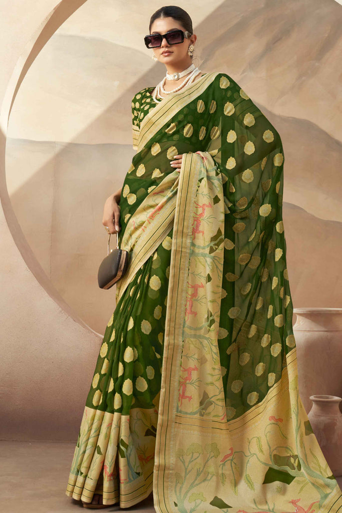 Fascinating Green Paithani Border Georgette Mehendi Wear Saree