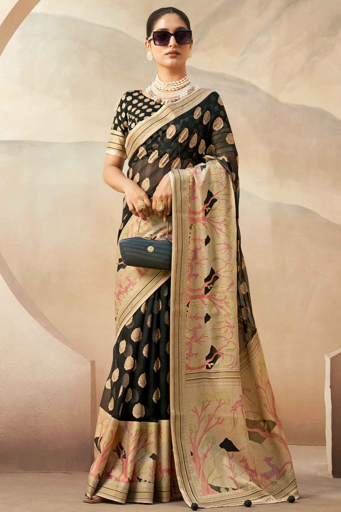 Excellent Black Paithani Border Georgette Event Wear Saree