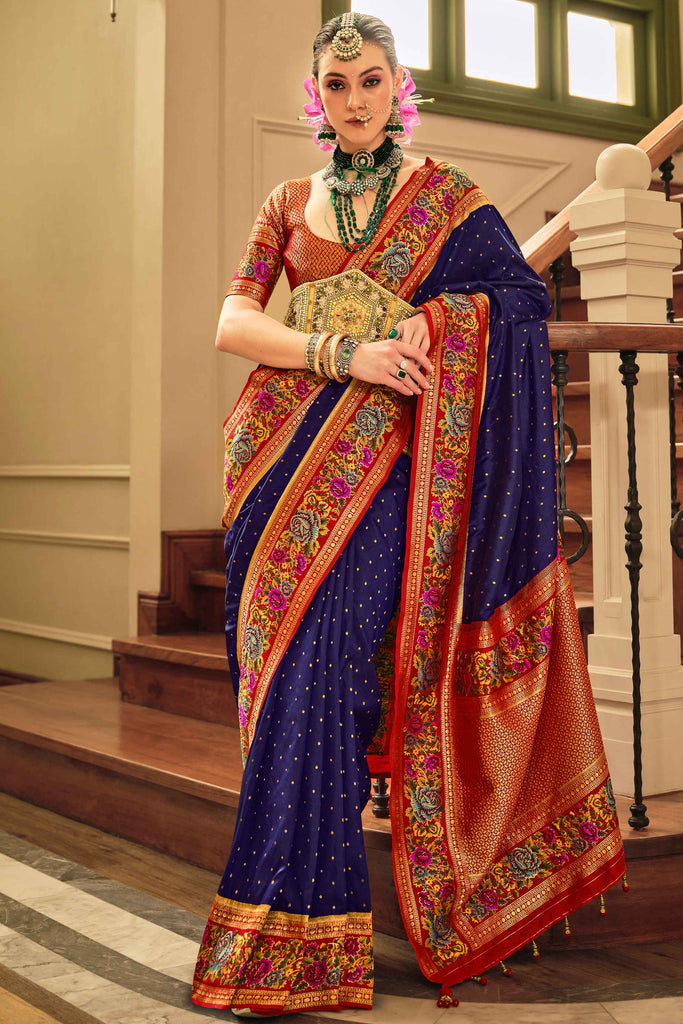 Pretty Navy-Blue Zari Weaving Banarasi Silk Wedding Wear Saree