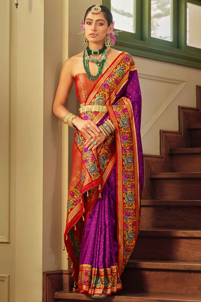 Enjoyable Purple Zari Weaving Banarasi Silk Event Wear Saree