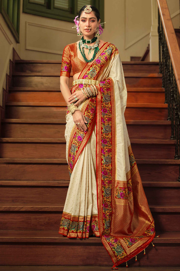 Ravishing Off-White Zari Weaving Banarasi Silk Function Wear Saree