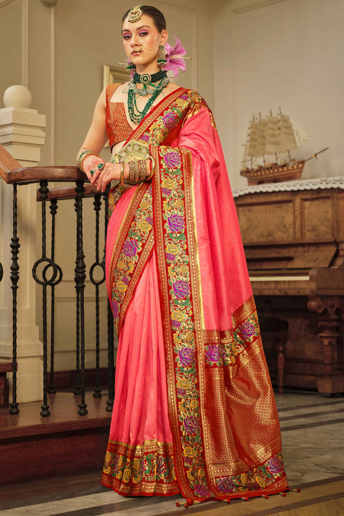 Appealing Pink Zari Weaving Banarasi Silk Wedding Wear Saree