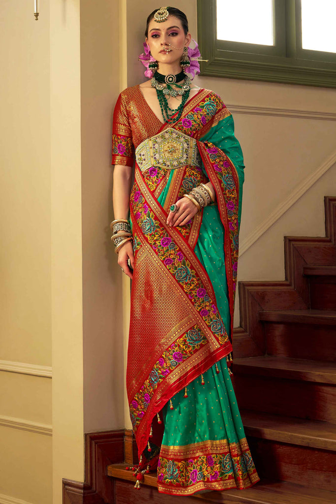 Shocking Teal Green Zari Weaving Banarasi Silk Function Wear Saree