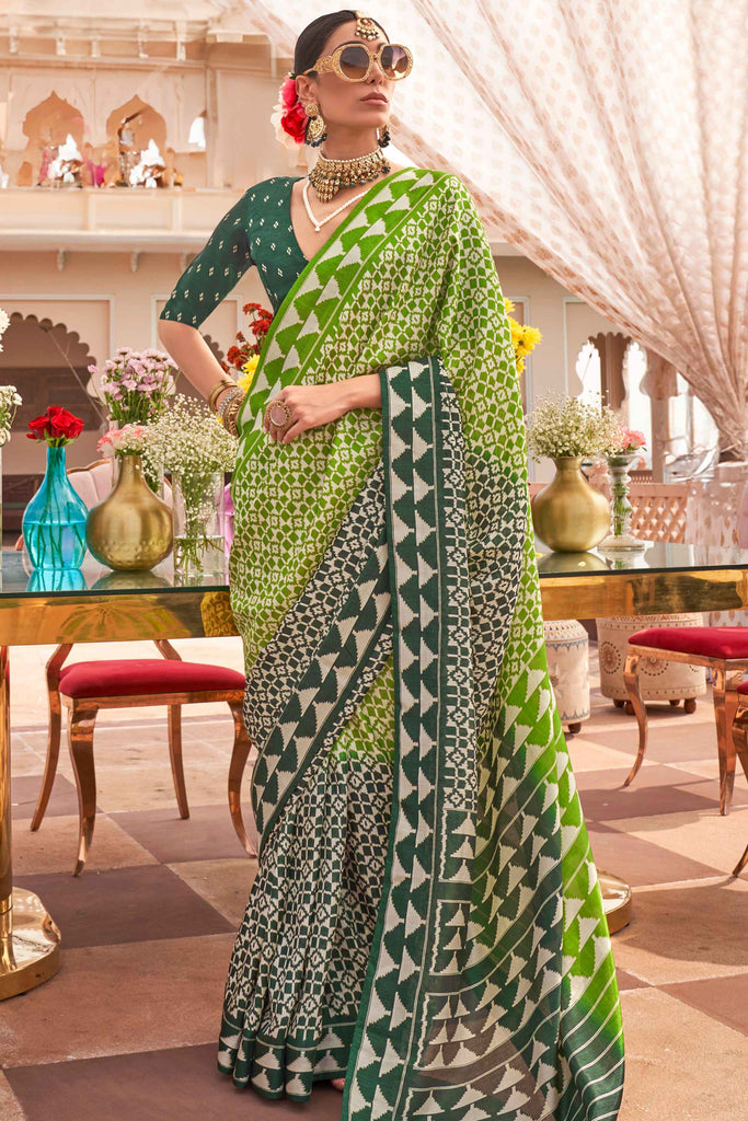 Glamorous Green Digital Printed Silk Event Wear Saree With Blouse