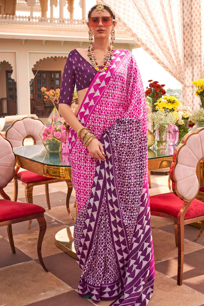 Beautiful Pink Digital Printed Silk Casual Wear Saree With Blouse