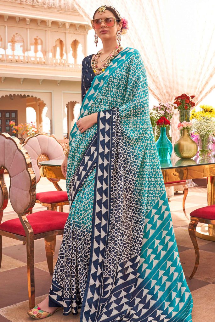 Winsome Sky-Blue Digital Printed Silk Festival Wear Saree With Blouse