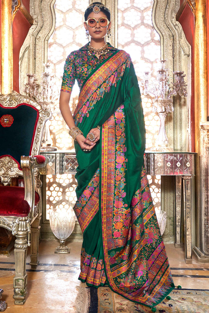 Alluring Green Floral Printed Silk Event Wear Saree With Blouse