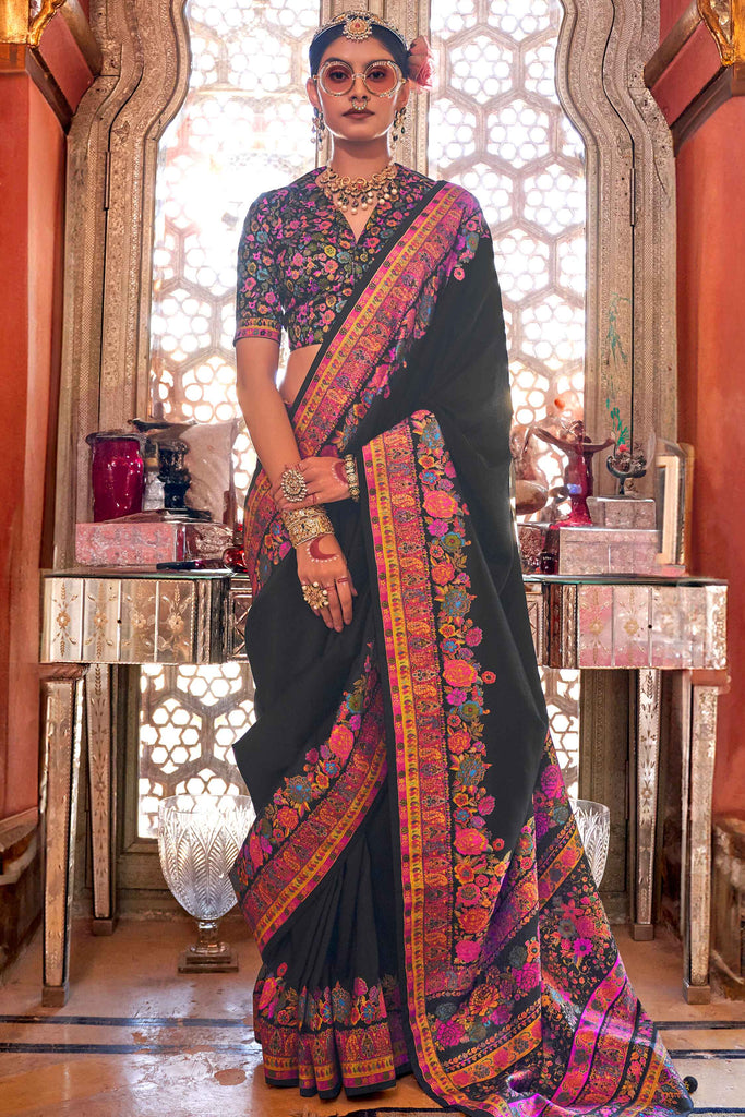 Wonderful Black Floral Printed Silk Function Wear Saree With Blouse