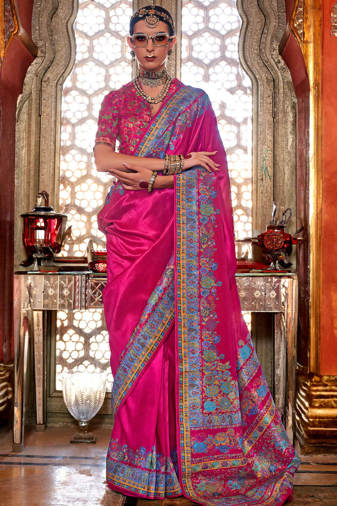 Attractive Magenta Floral Printed Silk Wedding Wear Saree With Blouse