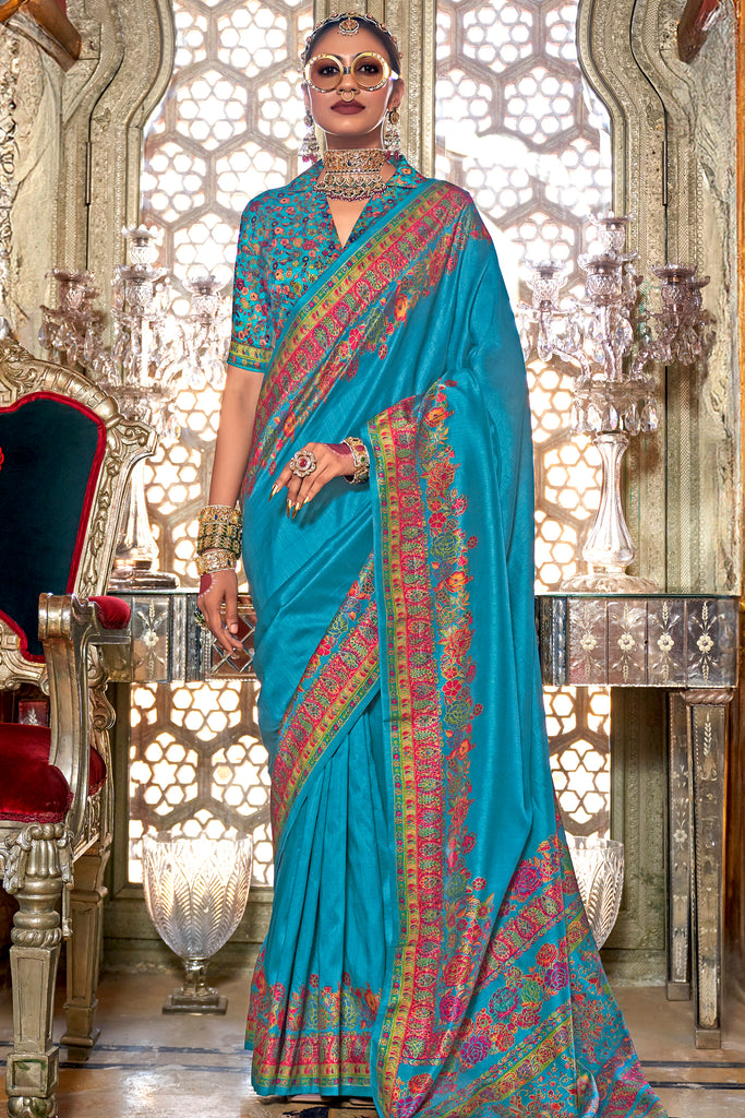 Fabulous Turquoise Blue Floral Printed Silk Traditional Saree