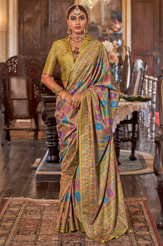 Surprising Olive Green Printed Silk Festival Wear Saree With Blouse