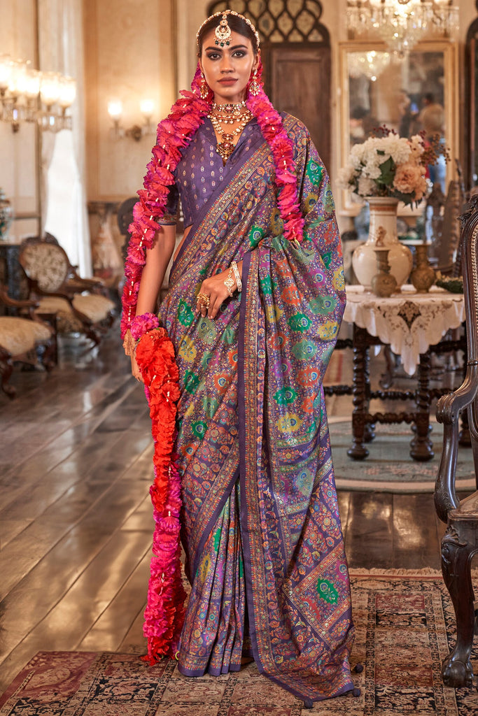 Fascinating Purple Printed Silk Traditional Saree With Blouse