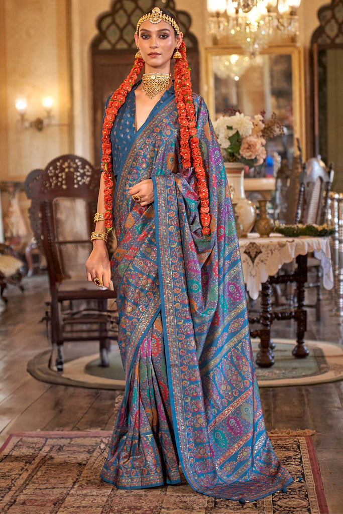 Stunning Blue Printed Silk Festival Wear Saree With Blouse