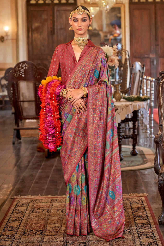Incredible Maroon Printed Silk Traditional Saree With Blouse
