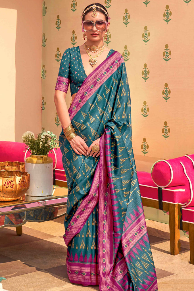 Pretty Teal Blue Digital Printed Silk Function Wear Saree With Blouse