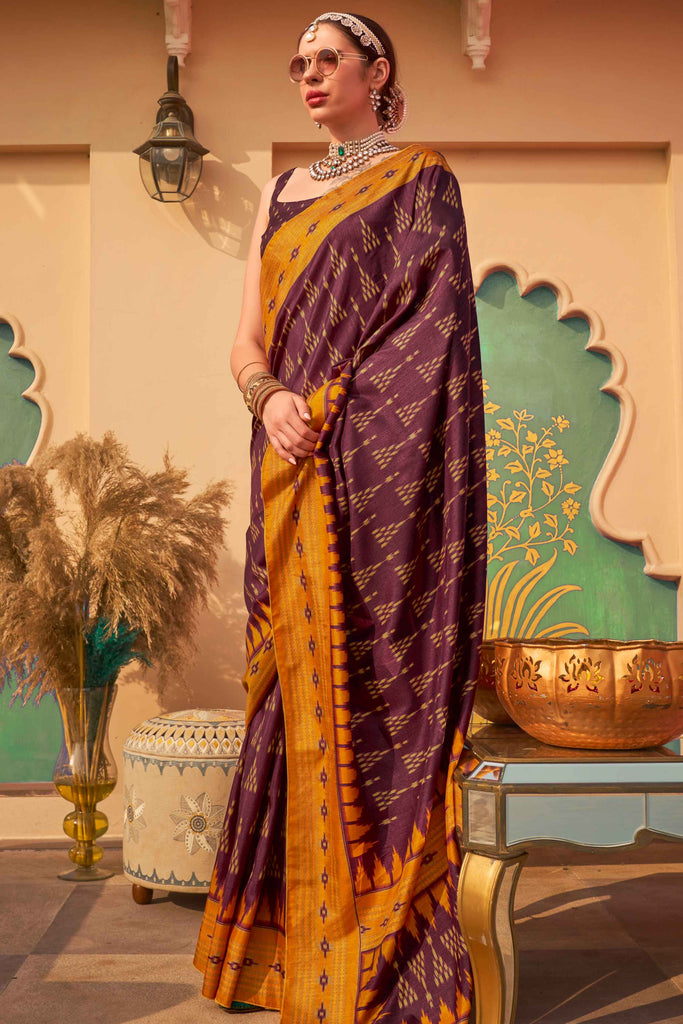 Attractive Wine Digital Printed Silk Traditional Saree With Blouse