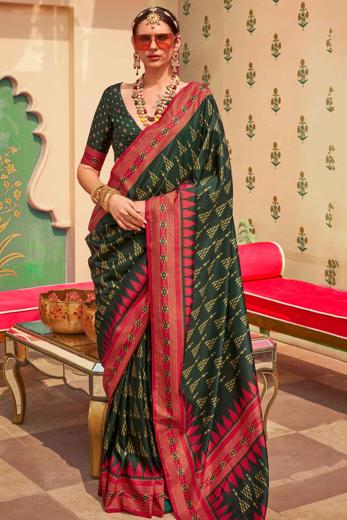 Stunning Green Digital Printed Silk Mehendi Wear Saree With Blouse