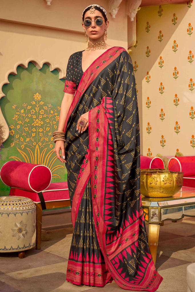 Ravishing Black Digital Printed Silk Event Wear Saree With Blouse