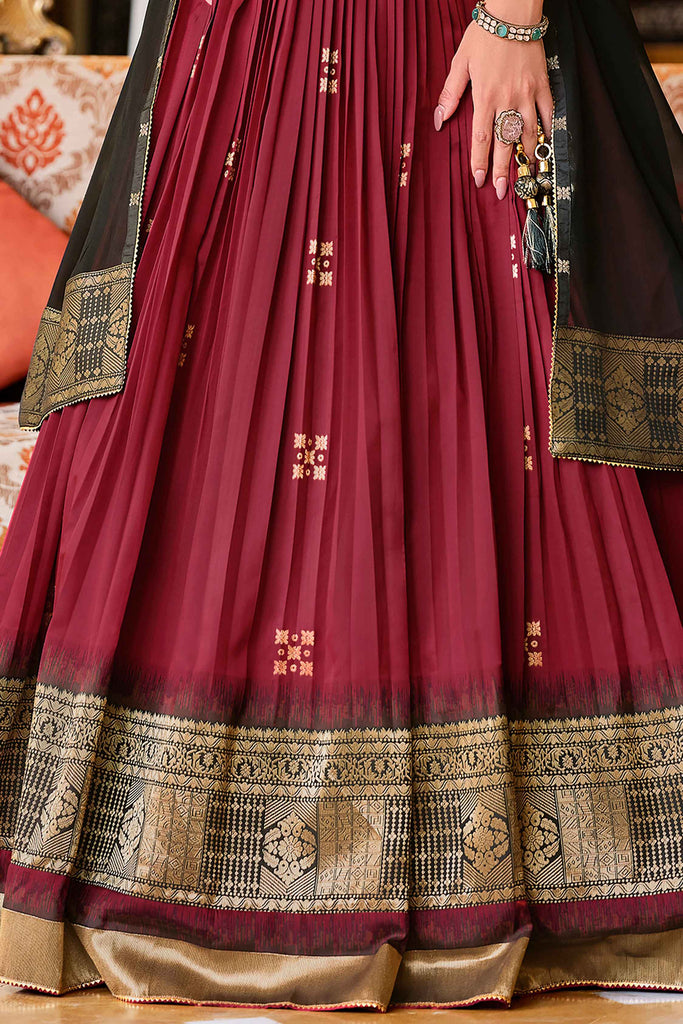 Outstanding Maroon Zari Weaving Silk Wedding Wear Lehenga Choli