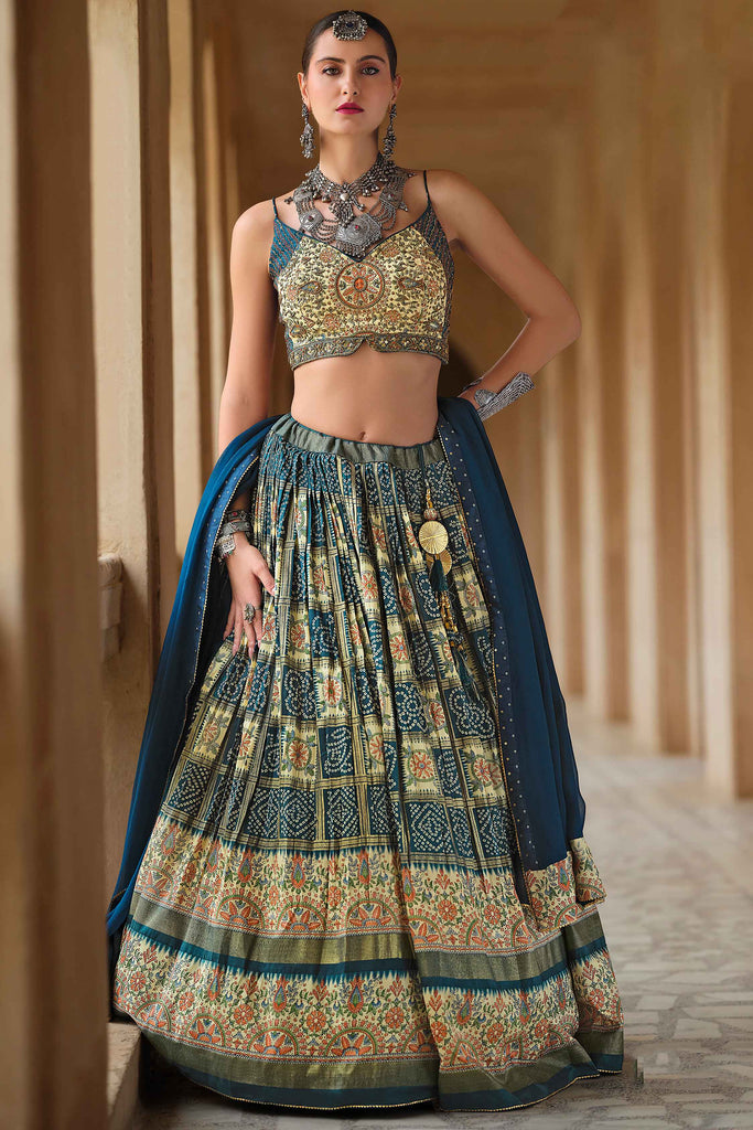 Attractive Navy Blue Bandhani Print Silk Wedding Wear Lehenga Choli