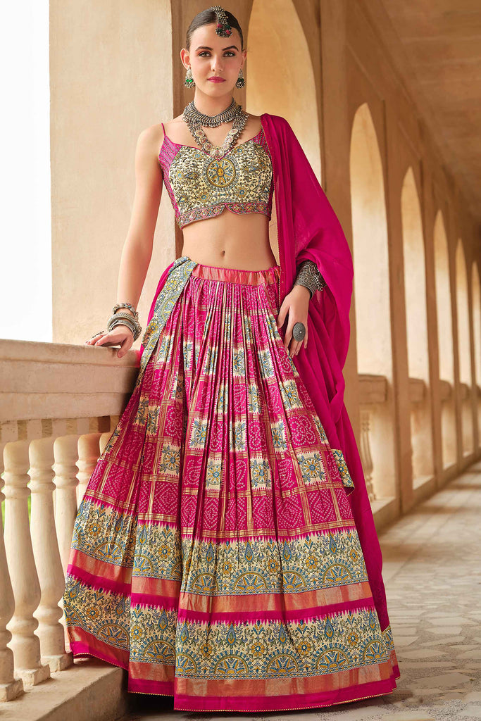 Enjoyable Pink Bandhani Print Silk Wedding Wear Lehenga Choli