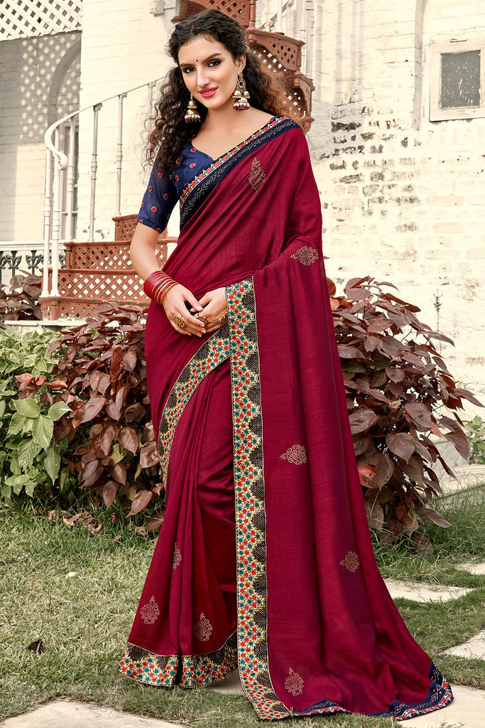 Pretty Maroon Swarovski Work Georgette Festival Wear Saree With Blouse