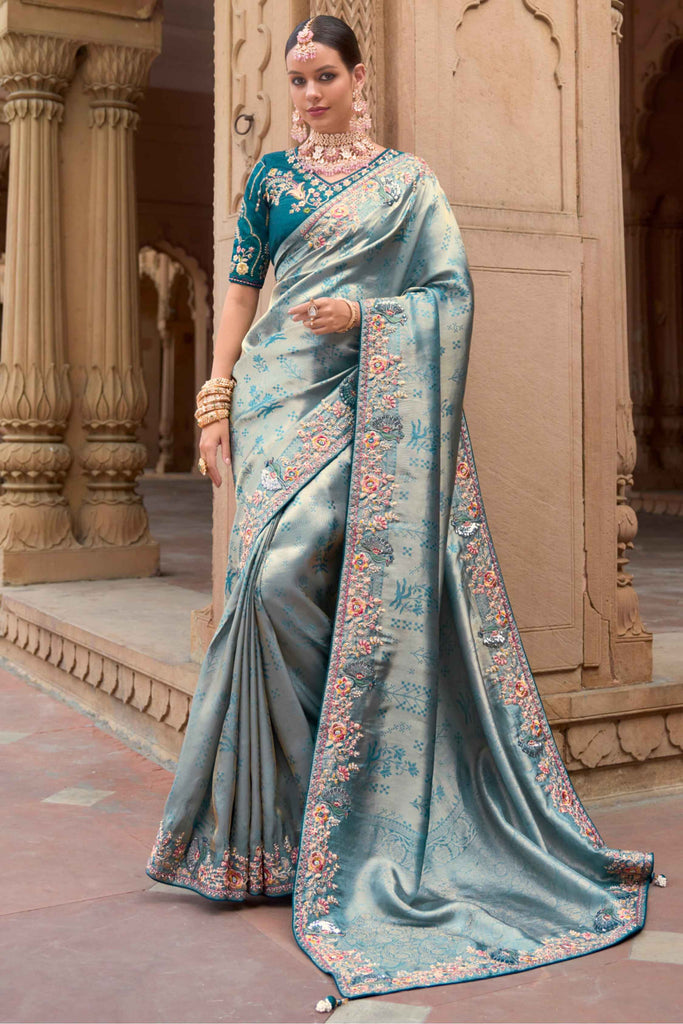 Glamorous Sky-Blue Sequins Silk Reception Wear Saree With Blouse