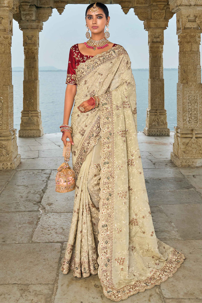 Astonishing Off-White Sequins Banarasi Silk Event Wear Saree