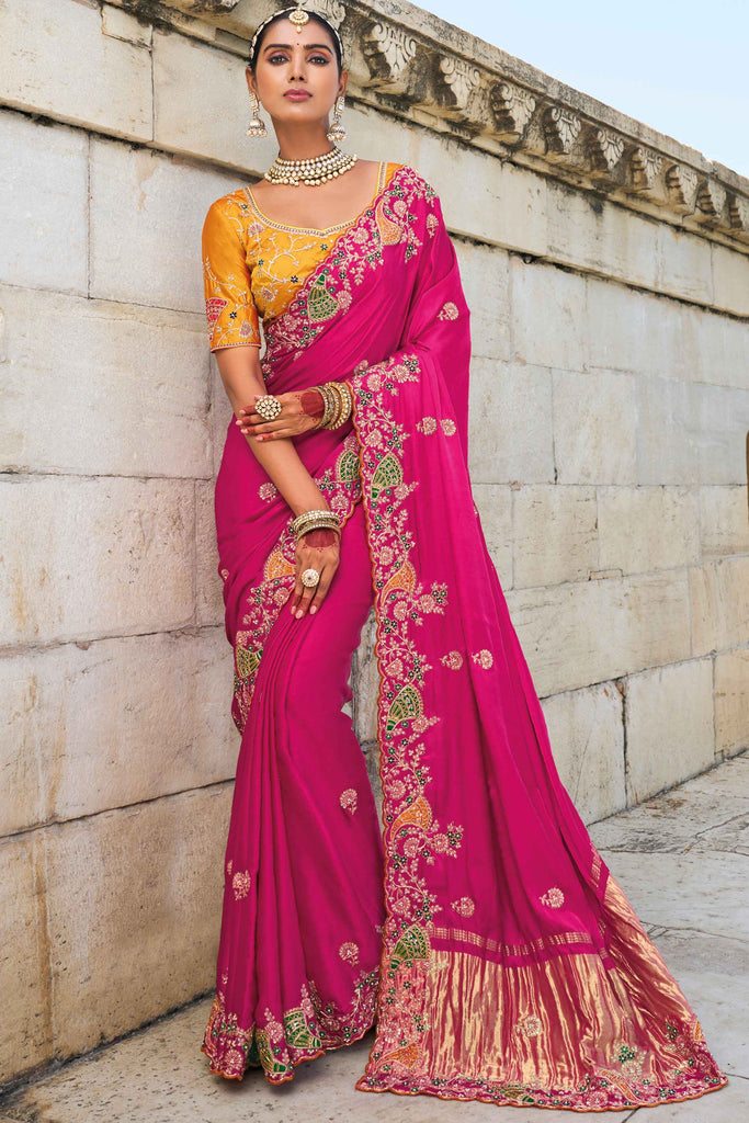 Amazing Pink Heavy Border Work Gaji Silk Bridal Wear Saree With Blouse