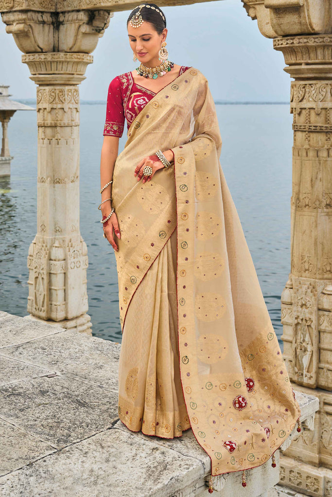 Incredible Cream Moti Work Kanjivaram Silk Reception Wear Saree