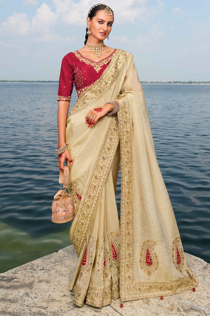 Ravishing Off-White Sequins Work Jacquard Engagement Wear Saree